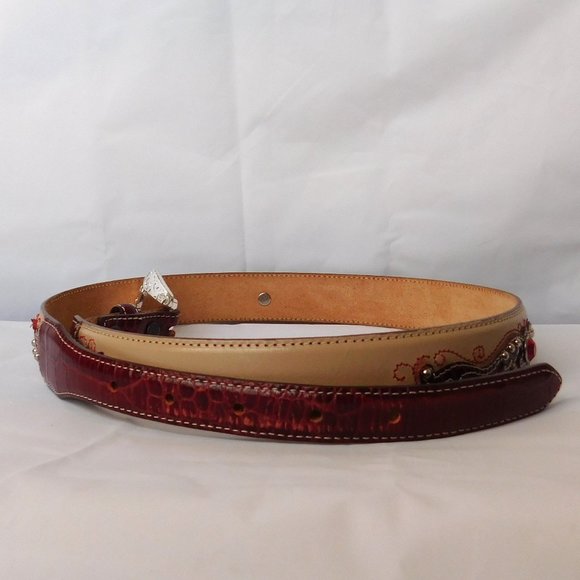 Justin Womens Leather Belt Size 36 Tan Red Applique  Silvertone Buckle Tan - Picture 4 of 6